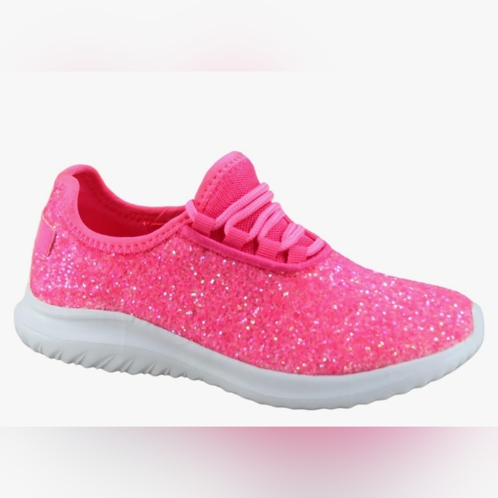 Kid's size 3 Girl's Fashion Hot Pink Glitter Sparkle Slip On Lace Casual Walking